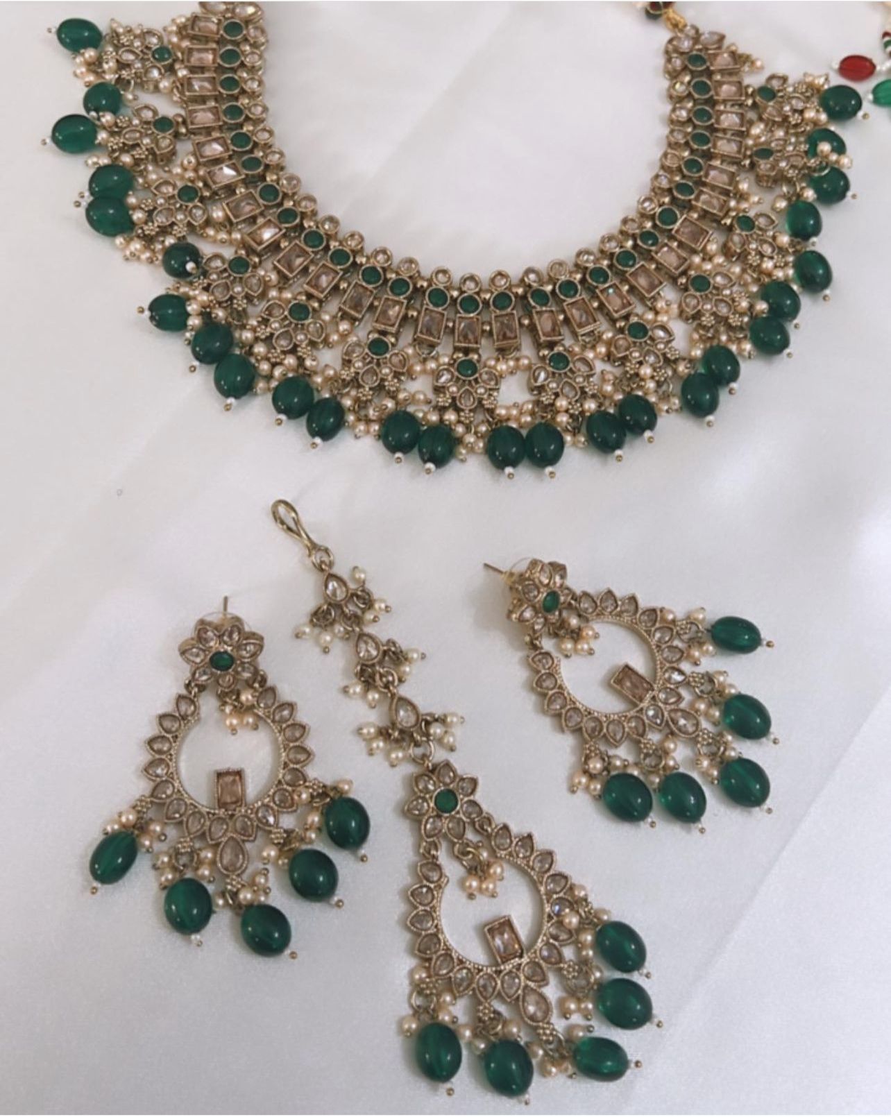 Emerald Polki Necklace Set with Earrings and Tikka